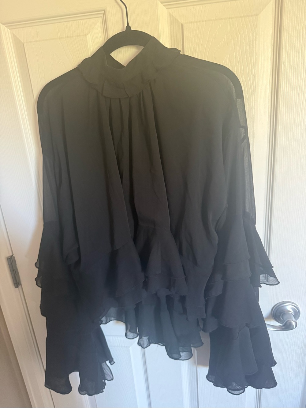 Commence Black Ruffle High-Neck Flutter Long Sleeve Blouse